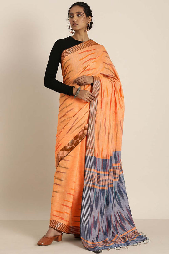 Lina Orange Cotton Blend Ikat One Minute Saree