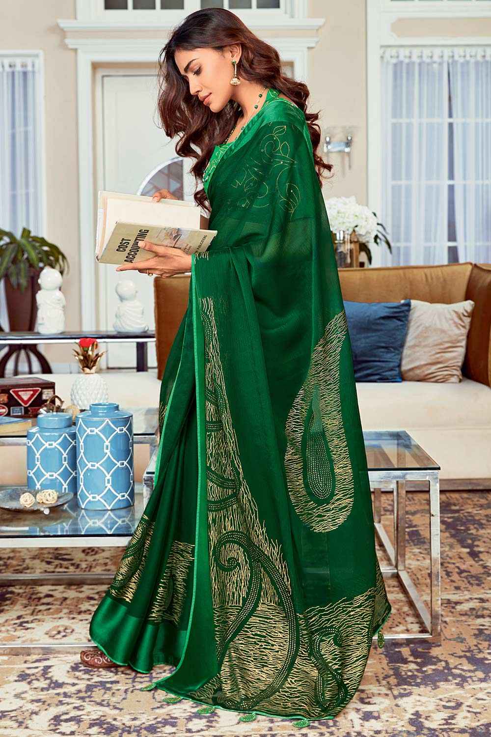 Kylee Green Silk Blend Abstract Embellished One Minute Saree