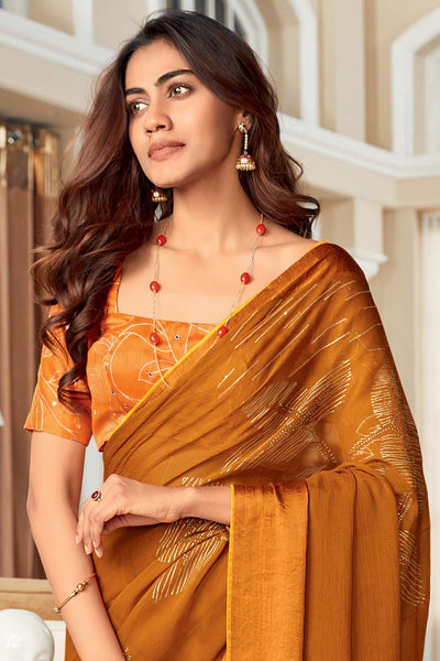 Athena Mustard Silk Blend Abstract Embellished One Minute Saree