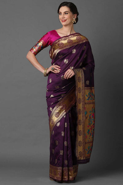 Buy Magenta Woven Art Silk One Minute Saree