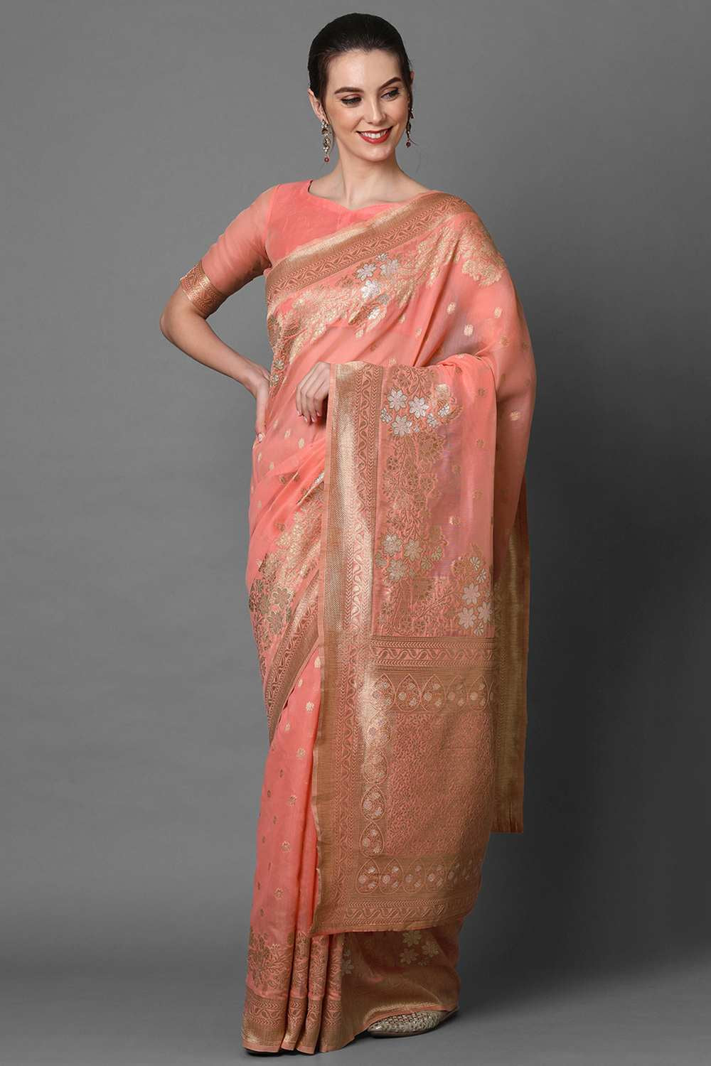 Buy Peach Woven Art Silk One Minute Saree