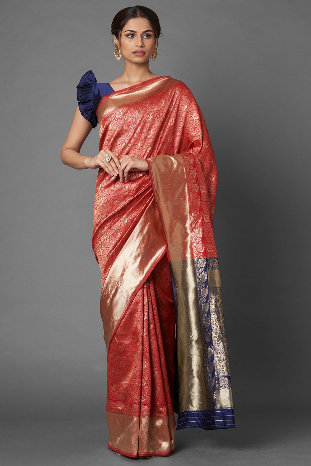 Buy Women's Red & Navy Blue Zari Silk Blend One Minute Saree