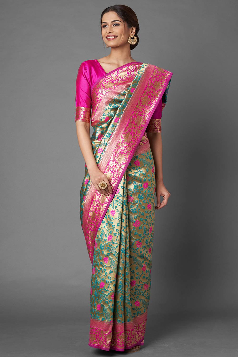 Buy Women's Green & Pink Zari Silk Blend One Minute Saree