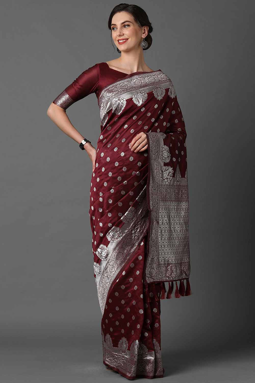 Buy Maroon Woven Art Silk One Minute Saree