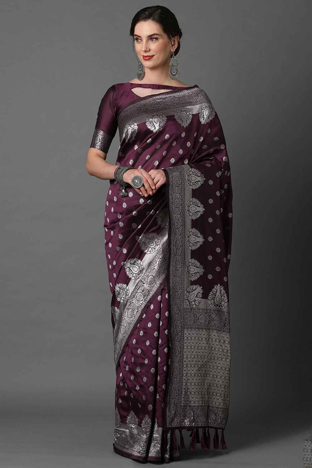 Buy Wine Woven Art Silk One Minute Saree