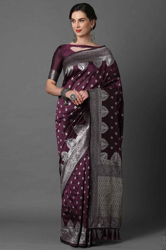 Buy Wine Woven Art Silk One Minute Saree