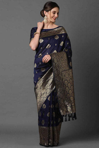 Buy Navy Blue Woven Art Silk One Minute Saree