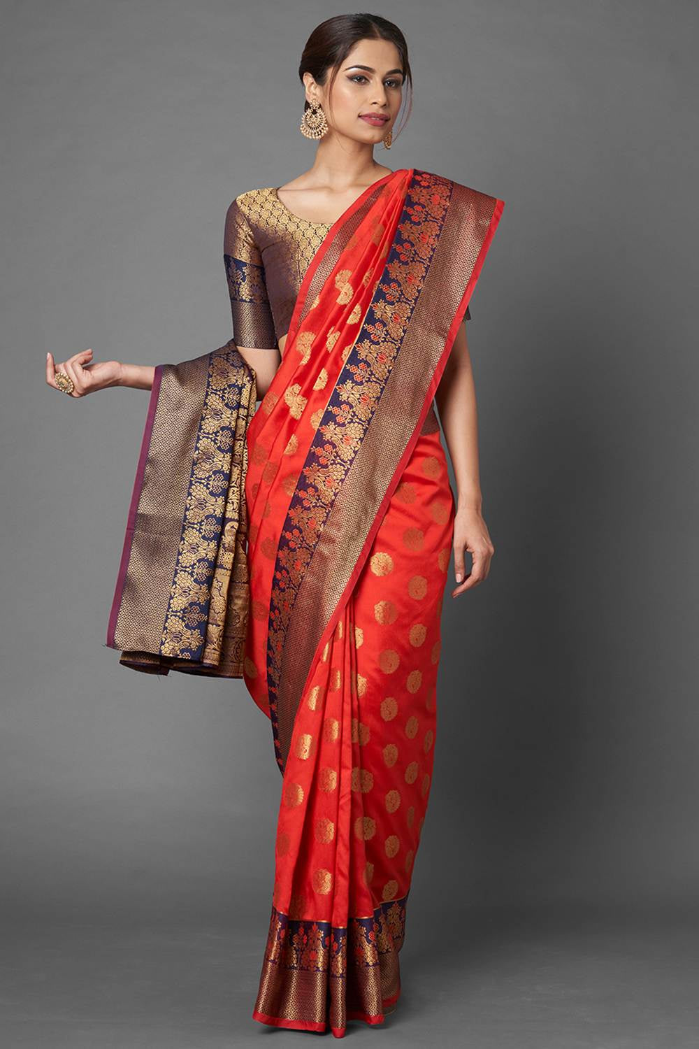 Buy Women's Red and Navy Blue Zari Silk Blend One Minute Saree