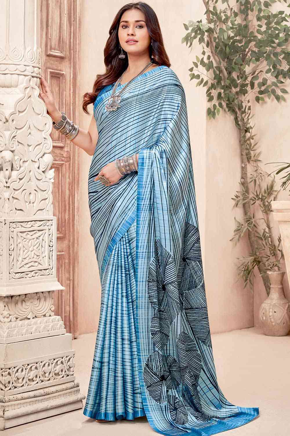 Buy Blue Crepe Abstract Print One Minute Saree Online