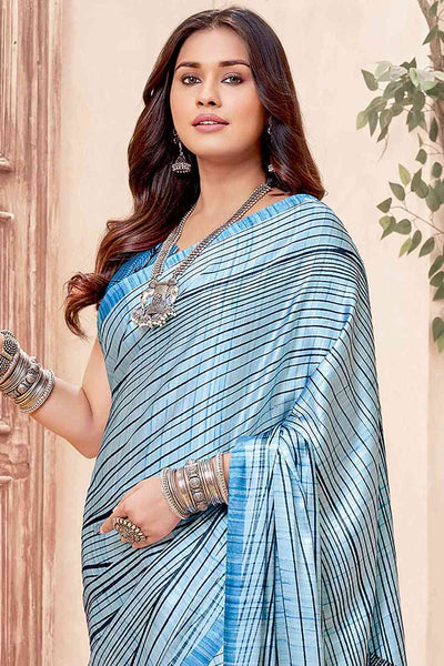 Buy Blue Crepe Abstract Print One Minute Saree Online - Zoom In