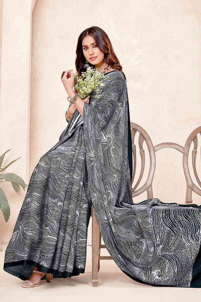 Buy Black Crepe Abstract Print One Minute Saree Online - Front