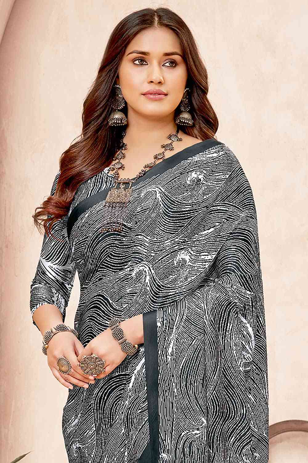 Buy Black Crepe Abstract Print One Minute Saree Online - Zoom In