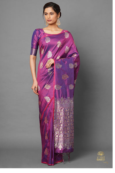 Buy Women's Magenta Zari Silk Blend One Minute Saree