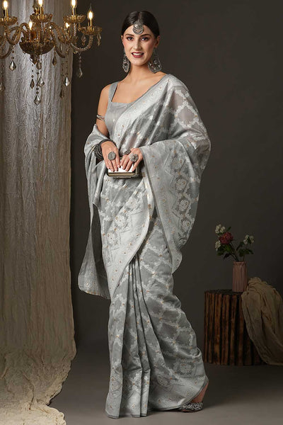 Gauri Grey Cotton Silk Ethnic Motif Banarasi One Minute Saree