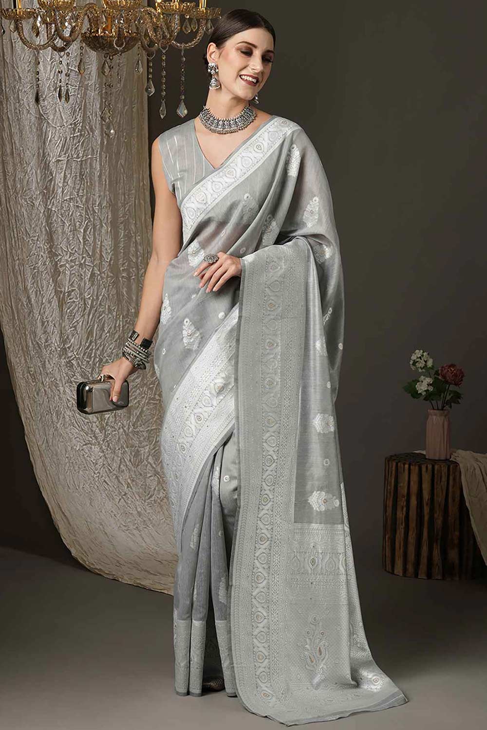 Luci Grey Cotton Silk Bagh Design Banarasi One Minute Saree