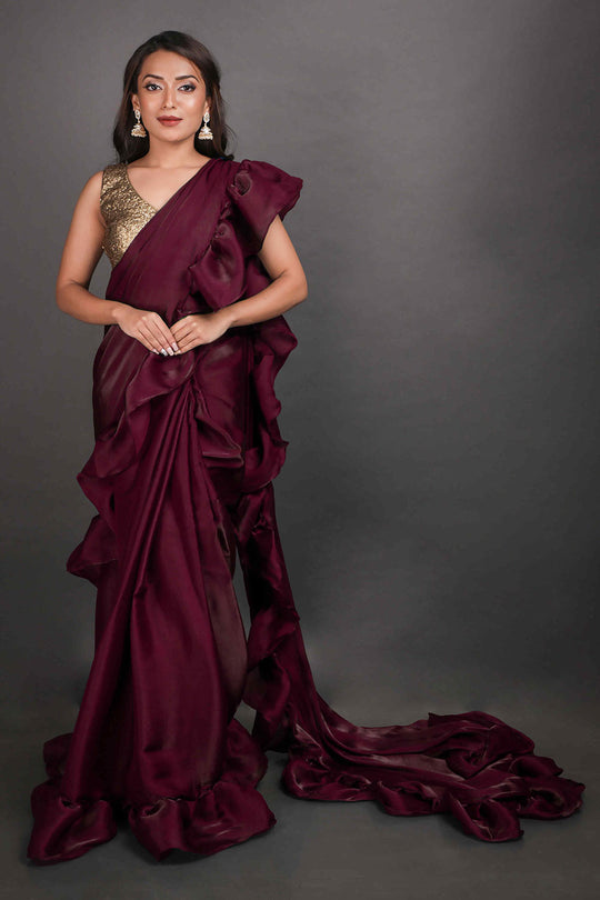 Maya Mulberry Tissue Organza Ruffle Ready to Wear One Minute Saree