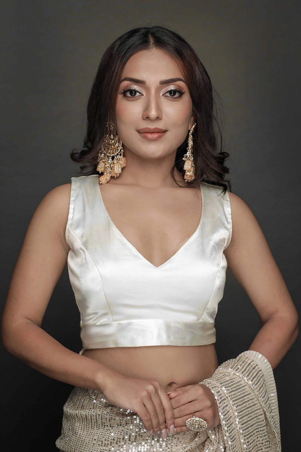 Buy Serena Comfort Stretch Off-White Satin Custom Design Blouse #color_off-white